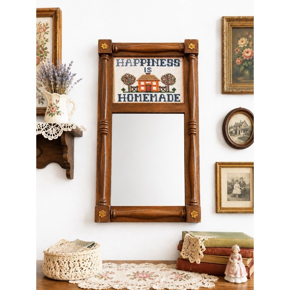 VTG Wood Framed Embroidery w Mirror Happiness Is Homemade Granny Core 19 x 10